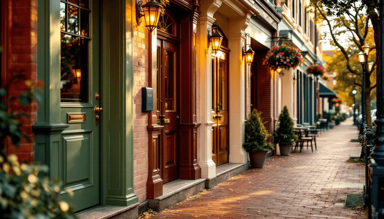 Warm close-up of local shop entrances with wooden doors and bokeh string lights